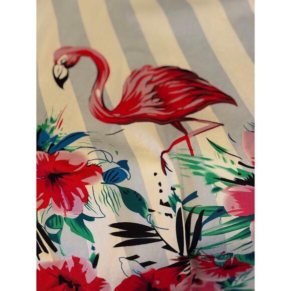 FLAMINGO Dress Blue Stripe Retro Novelty Print Floral Fit Flare | LARGE - Picture 6 of 7